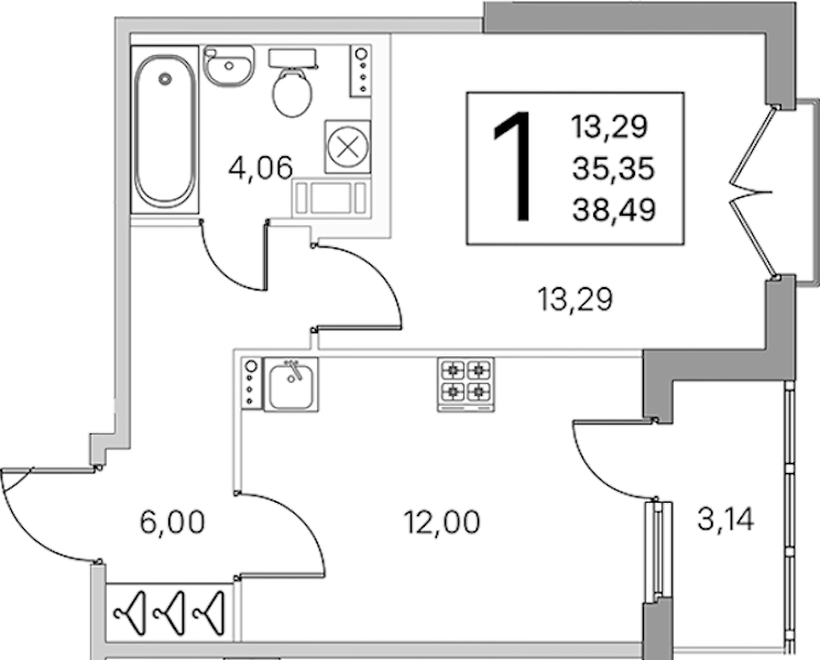 1-комнатная квартира 36.92 м², 3/4 эт., ЖК «Любоград в Стрельне»
